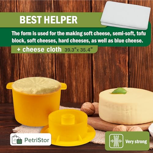 Cheese Mold for Cheese Making Cheese with Follower 1/2 gal Yello and Cotton Cheesecloth - Cheesemaking Supplies - Cheese Form Mold - Cheese Making Basket - Molde Para Queso Casero - Cheese Press