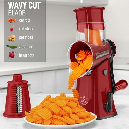 Zulay Kitchen Rotary Cheese Grater 5 Blade Cheese Shredder - Manual Hand Crank Cheese Grater With Reinforced Suction & 5 Interchangeable Drums - Easy to Use, Vegetable Chopper Round Mandoline Slicer - color: Maroon