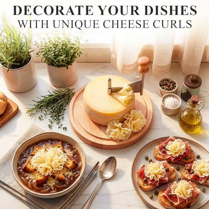 Cheese Curler Wheel for Tete de Moine Cheese Curls - Cheese Shaver Tool with Stainless Steel Blade, Silicone Non-Slip Pads on Wooden Base for Decorative Home and Tableside Serving on Cheese Boards