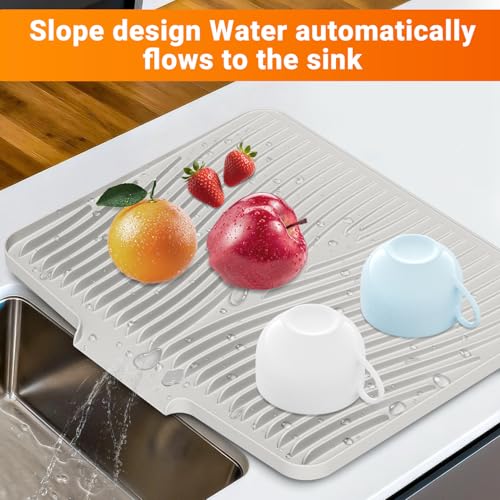 Silicone Dish Drying Mat for Kitchen counter, 15.8"x13" 2Pcs Extra Large Non-Slip Drain Pad with Built-in Drainage, Heat Resistant Dishwasher Safe, Cream - color: Cream-2pcs, size: 15.8" x 13"