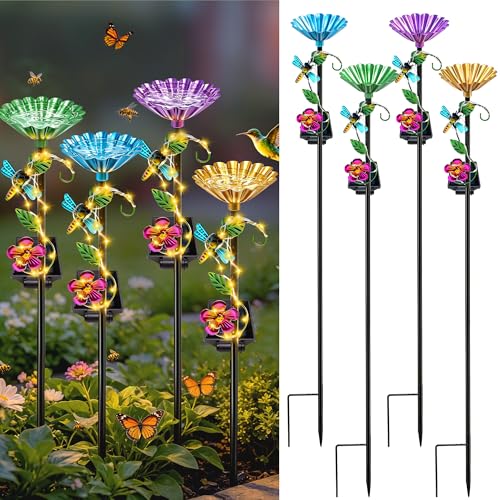 VOOKRY Solar Outdoor Garden Decor Lights & bee/Bird/Butterfly Water Station | Both functions of garden decor and water supply.Waterproof decor for Patio Lawn Yard,Gifts for Women Mom(4Pack Dragonfly) - size: 4 Pack Dragonfly