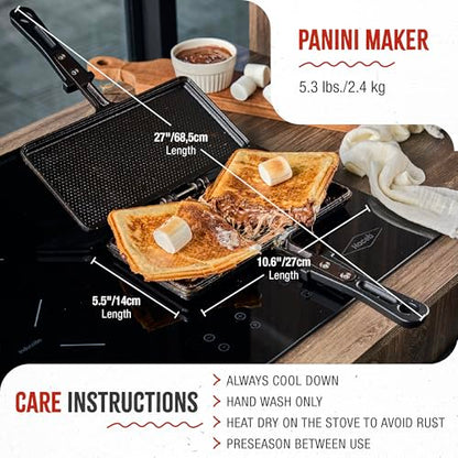 Victoria Cast Iron Panini Maker, Preseasoned Cast Iron Sandwich Maker and Pie Iron with Heat-Resistant Handle, Made in Colombia