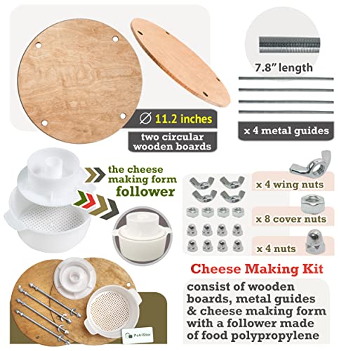Wooden Cheese Press for Cheese Making Supplies Diameter 11 in Metal Guides Walnut and Cheese Mold with Follower Piston 1.3 Qt - Small Home Supply Ultimate Cheese Press Machine - Prensa Para Queso
