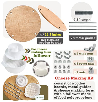 Wooden Cheese Press for Cheese Making Supplies Diameter 11 in Metal Guides Walnut and Cheese Mold with Follower Piston 1.3 Qt - Small Home Supply Ultimate Cheese Press Machine - Prensa Para Queso