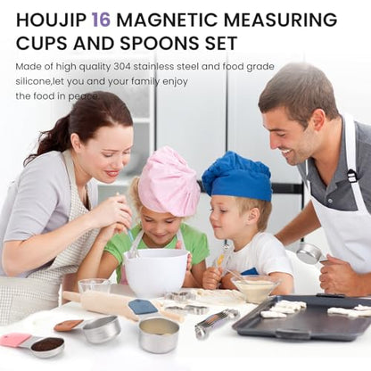 Magnetic Measuring Cups and Spoons Set-Heavy Duty 304 Stainless Steel，Double Measurement Markings，Set of 16 with Leveler for Measure Dry and Liquid Ingredients - color: Color