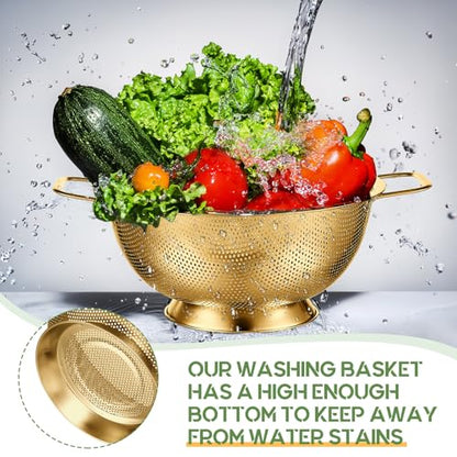 Bokon 3 Pcs Stainless Steel Colander Set Colander Bowl and Sieves 1/3/5 Quart Metal Mesh Strainer Net Basket with Handles Food Spaghetti Strainer for Kitchen Draining Pasta Rinsing(Gold) - color: Gold