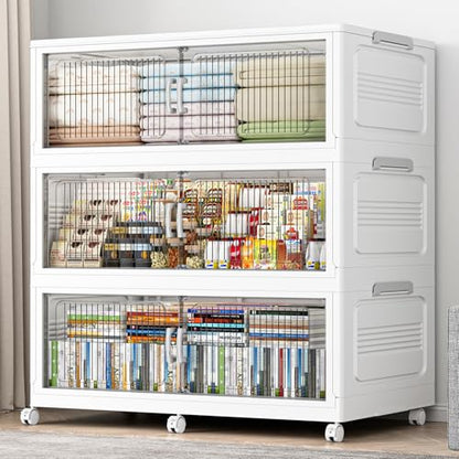 Extra Large Stackable Storage Bins with Lid, 210Gal/840QT Foldable Collapsible Storage Box with Doors, Wheels and Drawers, Plastic Closet Organizer Container for Kitchen, Bedroom, Dorm, 3Pack - size: 70Gal-3Pack