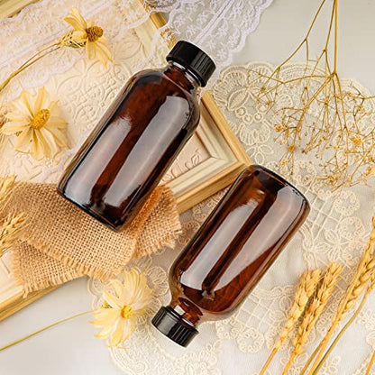 PINIWON 12 Pack 4 oz Amber Glass Bottles, 120ml Boston Round Sample Bottles with Black Poly Cone Caps, Labels, Funnels and Brush - color: Amber-12 pack