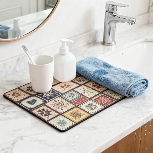 Dish Drying Mat, Quick Drying Water Draining Mat, for Kitchen Countertop | Good water absorption, multiple pattern, anti-slip, easy to clean, coffee bar accessories, bathroom counters, durable