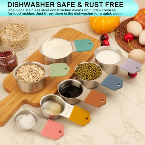 Magnetic Measuring Cups and Spoons Set of 16, 7 Stainless Steel Measuring Cups, 8 Double-Sided Measuring Spoons with 1 Leveler, Color Coded Handles, Dual Markings for Dry and Liquid Ingredients - color: Silver