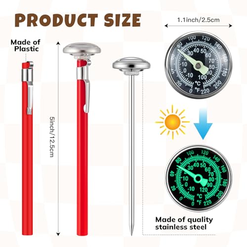 Xuhal 6 Pcs Stainless Steel Kitchen Glow Thermometer with 5 Inch Long Stem 1 Inch Dial Thermometer Milk Frothing Food for Oven Probe Meat Grill BBQ Cooking Chocolate Water (White Red) - color: White Red
