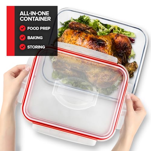 28 Cup Extra Large Glass Storage Container with Lid (220 oz), Oven Safe Glass Container with Handle and Airtight Locking Lid, Freezer Safe (2 Pack)