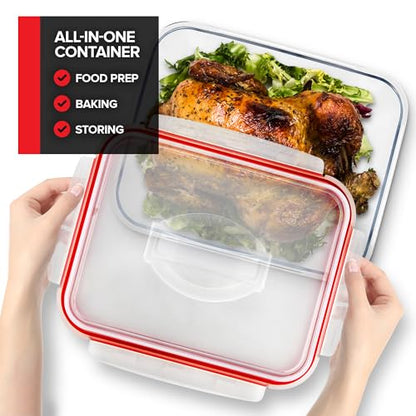 28 Cup Extra Large Glass Storage Container with Lid (220 oz), Oven Safe Glass Container with Handle and Airtight Locking Lid, Freezer Safe (2 Pack)