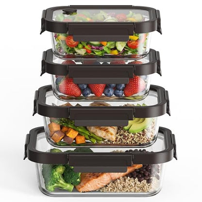 GENICOOK Glass Meal Prep Containers with Glass Lids, 4 Pack Airtight Glass Food Storage Containers, Borosilicate Glass Lunch Containers for Healthy Meal Prep, Microwave Oven Dishwasher Safe, BPA Free - color: black
