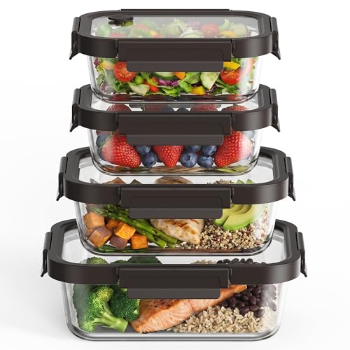 GENICOOK Glass Meal Prep Containers with Glass Lids, 4 Pack Airtight Glass Food Storage Containers, Borosilicate Glass Lunch Containers for Healthy Meal Prep, Microwave Oven Dishwasher Safe, BPA Free - color: black