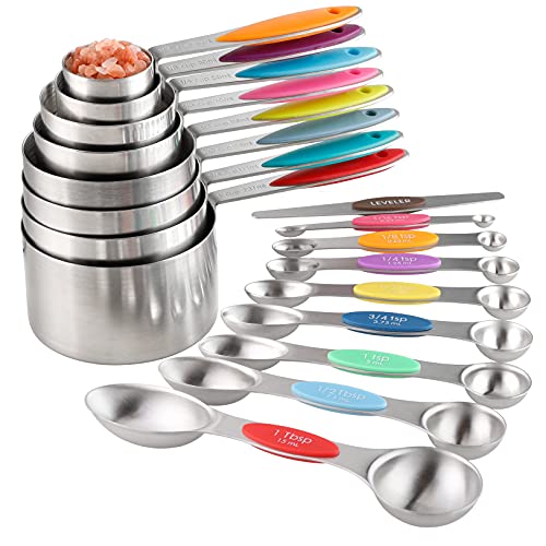 Measuring Cups and Spoons Set Stainless Steel Including 8 Stackable Measuring Cup 8 Double Sided Magnetic Measuring Spoons with 1 Leveler for Dry and Liquid Ingredients - color: Multicolor