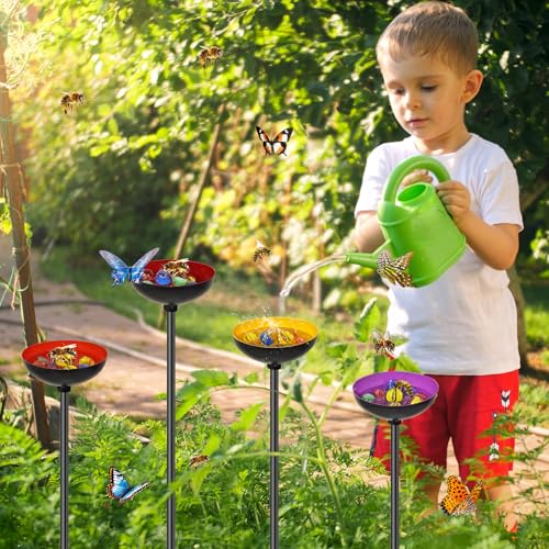 4 Pack Bee Watering Station for Garden, MeyRolizn Outdoors Metal Bee Butterfly Feeder with Glass Marbles, Butterfly Bath Insects Water Bowl for Yard Patio Decor - style: 4pcs Yellow Purple Red Orange