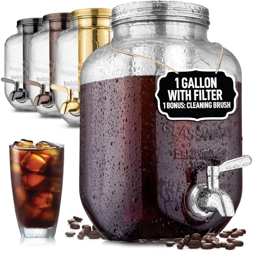 Zulay 1 Gallon/128oz Cold Brew Coffee Maker – Thick Glass Pitcher with Stainless Steel Filter, Lid & Spout – Large Mason Jar Container Dispenser - Iced Coffee & Sun Tea Brewer for Fridge – Silver - color: Silver, size: 1 Gallon