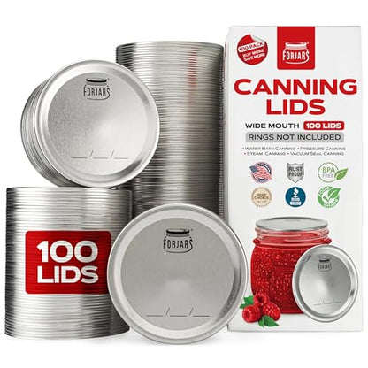 FORJARS - Wide Mouth Canning Lids, 100-Pack – Create Airtight Seals on Mason Jars to Preserve Food for Meal Prep & Emergency Food Storage – 3.4 In. Metal Lids with Silicone Seals – Canning Supplies - style: 100-Pack