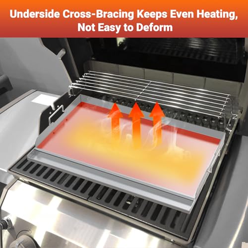 Skyflame 25"x16" Stainless Steel Griddle Plate for BBQ, Hibachi, Flat Top Grill with Even Heating, Grease Groove, Foldable Handles, Ideal for Charcoal/Gas Grills, Camping, Tailgating, Outdoor Cooking - size: 25" x 16" x 2.2"