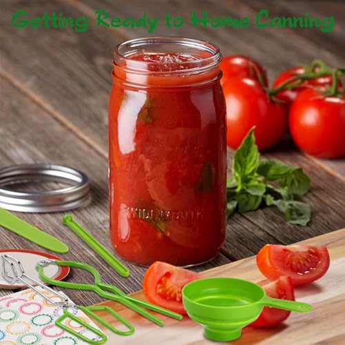 12-Pack Mason Jars 32 oz with Canning Supplies Starter Kit, Wide Mouth Pint Glass Jars with Lids, Jar Lifter Tongs,Funnel,6 in 1 Canner Tools Set for Canning, Pickling (32oz Jars with Tools)