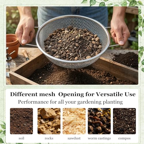 2PCS Soil Sifter for Gardening with Handle,Stainless Steel Rock Compost Soil Sifter for 5 Gallon Bucket,1/4in,1/8in Mesh Garden Sifting Screen Gravel Sawdust Vermicompost with Repotting Mat - size: 2-Piece Set (1/4", 1/8" Mesh)