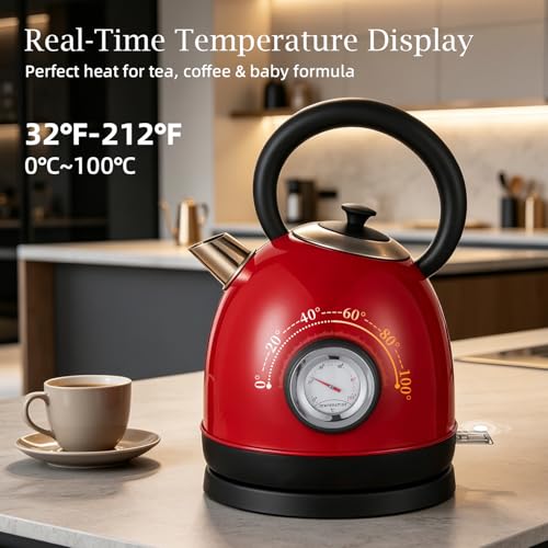 1.7L(57oz) Retro Electric Water Kettle, 1500W 304 Stainless Steel Temperature Control Tea Pot, Cordless LED, Built-in Thermometer, Auto Shut-Off & Boil Dry Protection - color: Red