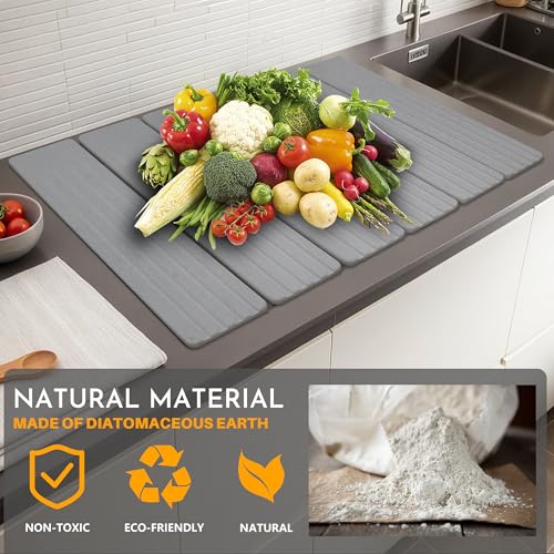 Large Stone Dish Drying Mat for Kitchen Counter, 23" × 15" Quick Dry Stone Mat, Collapsible Fast Absorbing Diatomaceous Earth Non-Slip Dish Drying Pad for Dishes & Cups (Medium Gray, 23" × 15") - color: Medium Gray