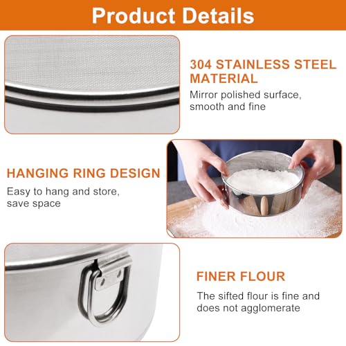 Flour Sifter for Baking 2 Pack, Round Flour Sifter Stainless Steel 6 Inch 60 Mesh and 8 Inch 40 Mesh Sieve Fine Meshs Flours Sieve Set for Baking Cake Bread Pastries - size: 6in 60 Mesh & 8in 40 Mesh