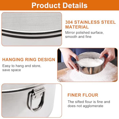 Flour Sifter for Baking 2 Pack, Round Flour Sifter Stainless Steel 6 Inch 60 Mesh and 8 Inch 40 Mesh Sieve Fine Meshs Flours Sieve Set for Baking Cake Bread Pastries - size: 6in 60 Mesh & 8in 40 Mesh