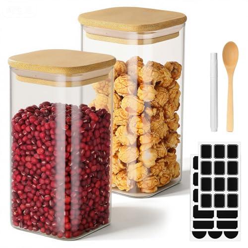 Glass Food Storage Jars, 23 Fl.oz Glass Canisters with Airtight Bamboo Lids Set of 2, Square Sugar Jars Kitchen Containers for Coffee, Tea, Flour, Candy - Included Labels, Marker and Spoon - color: 2 Pack, size: 23 fl.oz