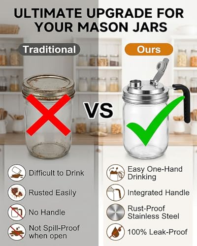 Metal Mason Jar Drinking Lids with Handle Wide Mouth Stainless Steel Glass Canning Supplies Superb Canning Lid Anticracking Leak Proof Seal Flip Cap Cover Airtight Accessories for Drink - color: #8 86mm
