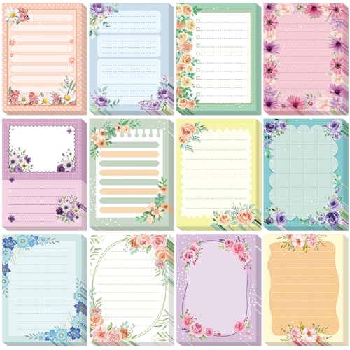Chiisong 12 Pads Cute Sticky Notes Flower Sticky Notes 3 x 4 Inches Colored Adhesive Memo Reminder Decor Floral Memo Pads Flower Notepads for Journal Office Birthday Gifts - style: Floral
