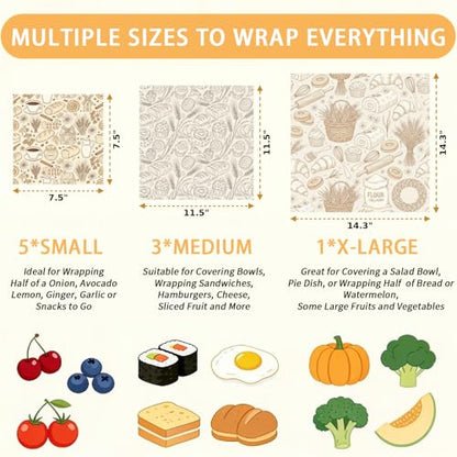 Reusable Beeswax Wrap, Bakery and Coffee Wraps, 9 Pack Eco-Friendly Food Preservation, Organic, Sustainable, Zero Waste, Plastic-Free Covers for Sandwich, Bread, Bowl, 1XL, 3M, 5S - color: Brown Bakery