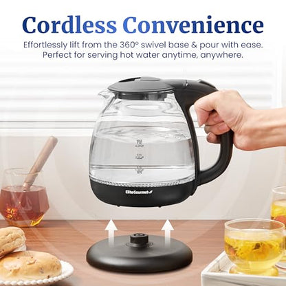 Elite Gourmet EKT1001B Electric 1.0L BPA-Free 1100W Glass Kettle Cordless 360° Base, Stylish Blue LED Interior, Handy Auto Shut-Off Function – Quickly Boil Water For Tea & More, Graphite Black - size: 1.1 Quarts