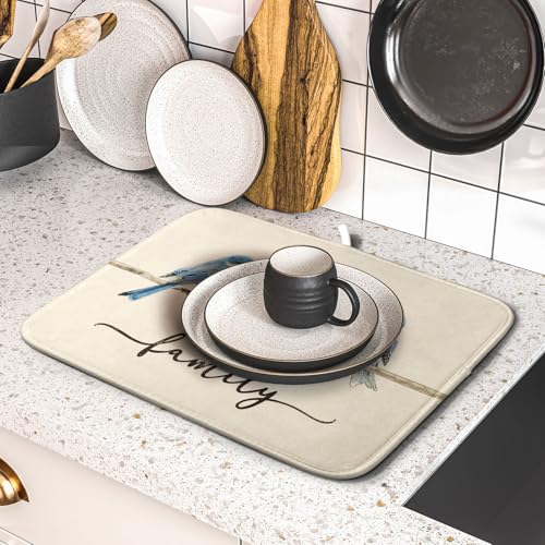Home Blue Bird Family Dish Drying Mat for Kitchen Counter,Spring Summer Drying Mat 16 x 18 Inch with Absorbent Reversible Microfiber Drying Pad for Coffee Bar - size: 16" x 18"