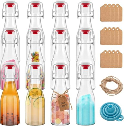 12Pcs 5oz Clear Beer Bottles Flip Top Round Glass Bottles with Leak Proof Easy Caps, 150ML Vinegar Kombucha Bottle for Wedding Themed Baby Shower Christmas Gifts - size: 5oz