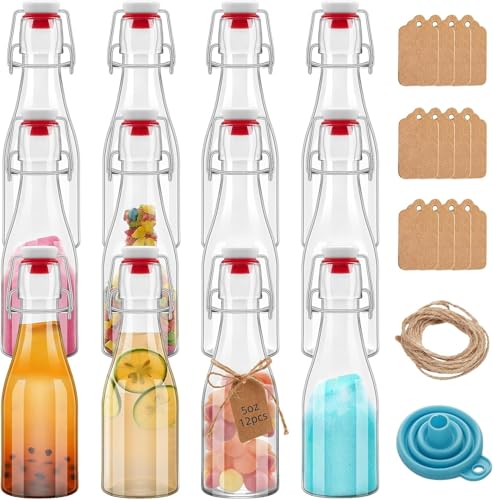 12Pcs 5oz Clear Beer Bottles Flip Top Round Glass Bottles with Leak Proof Easy Caps, 150ML Vinegar Kombucha Bottle for Wedding Themed Baby Shower Christmas Gifts - size: 5oz