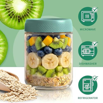 Overnight Oats Containers with Lids, Glass Storage Containers with Lids, Wide Mouth Mason Jars 16oz, Sugar Bowls, Airtight Glass jars for Chia Pudding, Yogurt, Salad Storage (6 Pack, Green) - color: Green