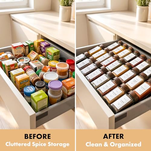 EDELHAUS Glass Spice Jars with Label, 24x Acacia Wooden Lids - White Labels | Airtight acacia lids keep spices fresh; use as a spice organizer, seasoning containers or 4 oz jar set; funnel & 240 labels - color: Acacia Lid + White Labels