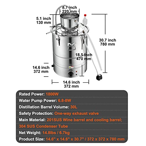 VEVOR Electric Alcohol Still 8Gal/30L, Alcohol Distiller, Distillery Kit for Alcohol include Pump & One-way Exhaust Valve & Thermometer - size: 9 Gal/30L