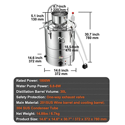 VEVOR Electric Alcohol Still 8Gal/30L, Alcohol Distiller, Distillery Kit for Alcohol include Pump & One-way Exhaust Valve & Thermometer - size: 9 Gal/30L