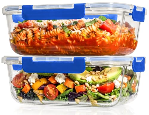 Razab 2 Pcs 1860ml / 63 Oz Large Glass Food Storage Containers with Lids - Glass Meal Prep Containers with Locking Lids for Roasting, Storing Leftover, Lunch Container, BPA Free, Microwave & Oven Safe - color: Blue
