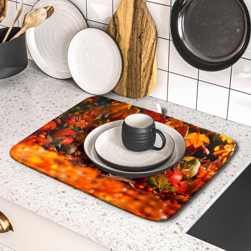 Fall Harvest Pumpkin Dish Drying Mat for Kitchen Counter,Thanksgiving Maple Leaves Sunflower Drying Mat 16 x 18 Inch with Absorbent Reversible Microfiber Dish Drying Pad for Coffee Bar - size: 16" x 18"