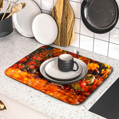 Fall Harvest Pumpkin Dish Drying Mat for Kitchen Counter,Thanksgiving Maple Leaves Sunflower Drying Mat 16 x 18 Inch with Absorbent Reversible Microfiber Dish Drying Pad for Coffee Bar - size: 16" x 18"