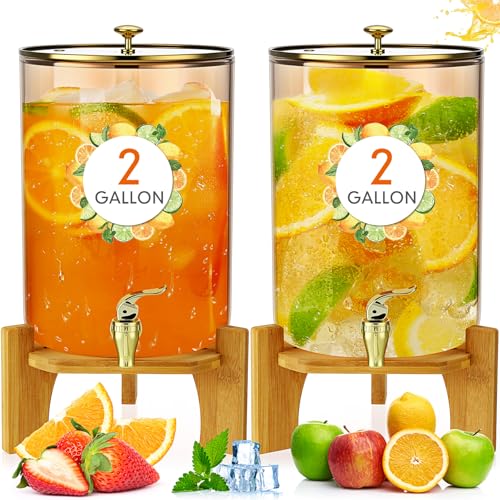 Honeydak 2 Pack 2 Gallon Each Amber Glass Drink Dispensers with Spigot, Gold Accent, Beverage Dispensers with Stand for Lemonade Juice Water Iced Tea Cocktails - size: 2 Gallon