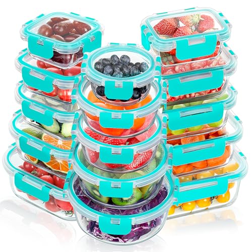 VERONES 30 Pieces Glass Meal Prep Containers Set, Stackable Glass Food Storage Containers with Lids-Airtight Lunch Containers，for Microwave, Oven, Freezer & Dishwasher,Green - color: Green-30