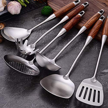 Cooking Utensils Set,7pcs 304 Stainless Steel Kitchen Utensils Set with Holder,Heat Resistant Wooden Handle Kitchen Tools - style: Cooking Utensils-wood handle