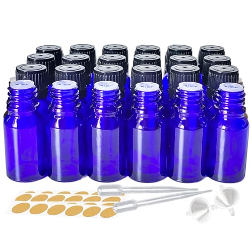 24 Pack 10ml Blue Glass Essential Oils Bottles Empty Glass Dropper Vials Sample Bottle With Orifice Reducer and lid,for Aromatherapy Oils (Blue, 10ml) - color: Blue