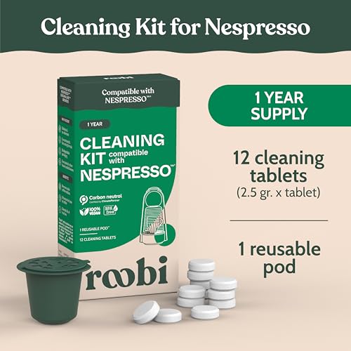 Roobi Cleaning Pods Compatible with Nespresso. Includes 1 Reusable Pod & 12 Cleaning Tablets. Specially Formulated for Originaline Machines. 1 Year Supply. - style: Cleaning Pods